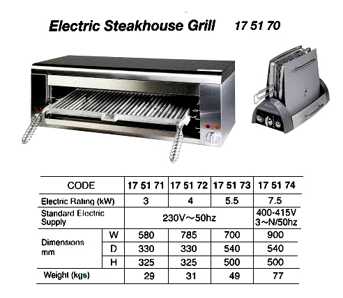 175172 ELECTRICSTEAKHOUSEGRILL,4KW,230V,50HZ,785x330x325MM