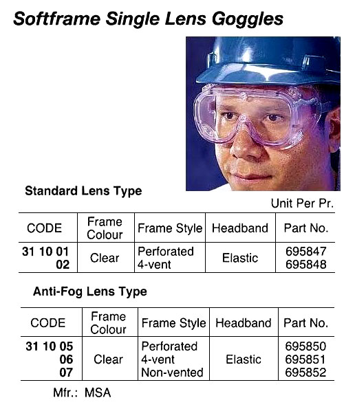 311002 SOFTFRAMESINGLELENSGOGGLES,STANDARDLENSTYPE,CLEAR,4-VENT,ELESTICP.NO.695848