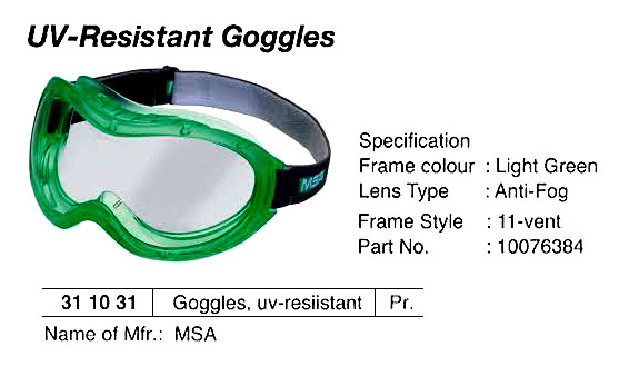 311031 UV-RESISTANTGOGGLE,10076384,MSA