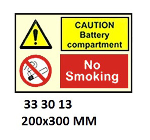 333013 WHITEVINYLSIGNCOMBINATION#3013200x300MM,CAUTIONBATTERYCOMPARTMENT,NOSMOKING