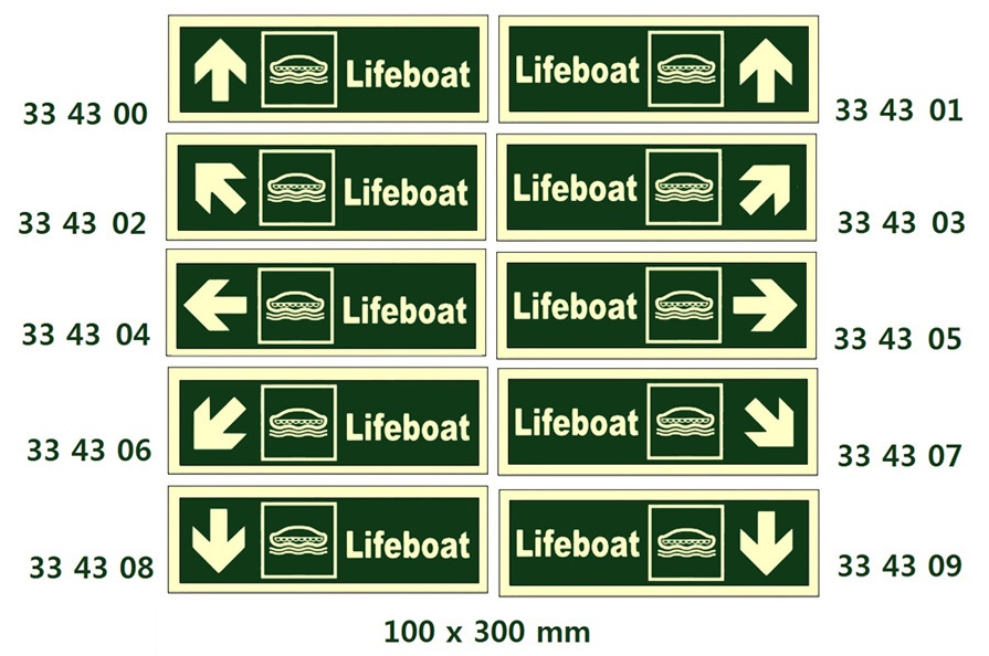 334303 DIRECTIONSIGN,100x300MM,LIFEBOAT/ARROW45DEGUP(R)