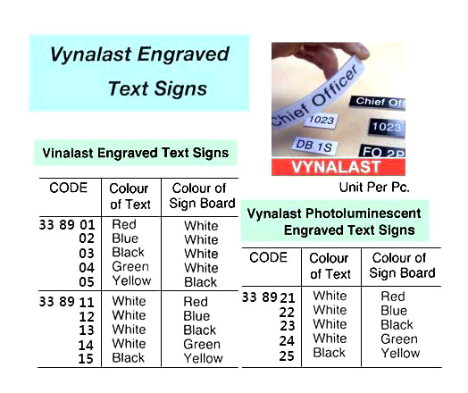 338921 VYNALASTPHOTOLUMINESCENTENGRAVEDTEXTSIGNS,TEXT:WHITE,SIGNBOARD:RED