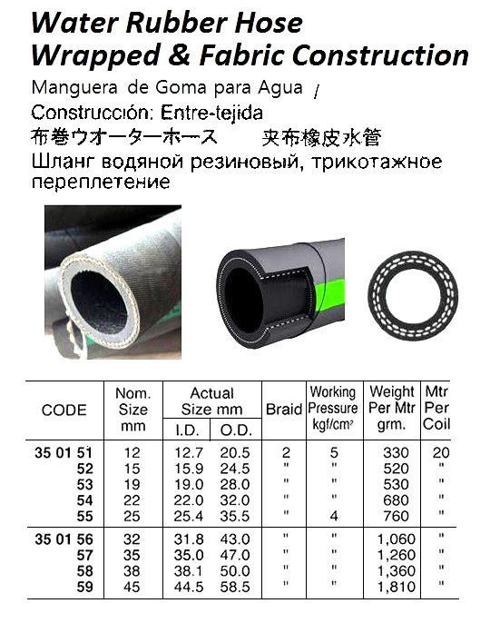 350151 WATERRUBBERHOSE,WRAPPED&FABRICCONST.5KG12MMx2B