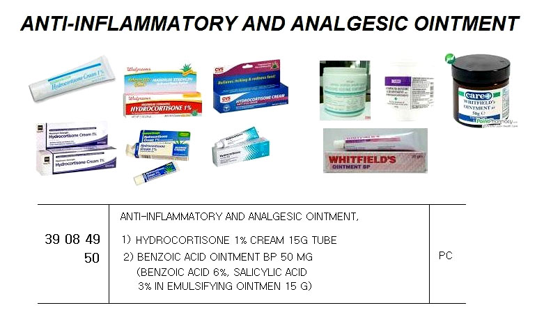 390850 ANTI-INFLAMMATORYANDANALGESICOINTMENT,2)BENZOICACIDOINTMENTBP50MG(BENZOICACID6%,SALICYLICACID3%INEMULSIFYINGOINTMEN15G)