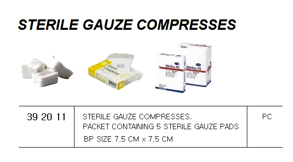 392011 STERILEGAUZECOMPRESSES,PACKETCONTAINING5STERILEGAUZEPADSBPSIZE7.5CMx7.5CM