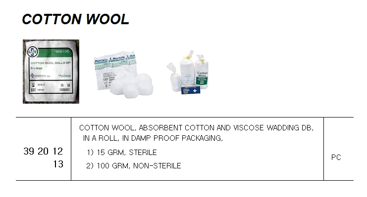 392013 COTTONWOOL,ABSORBENTCOTTONANDVISCOSEWADDINGDB,INAROLL,INDAMPPROOFPACKAGING,2)100GRM,NON-STERILE