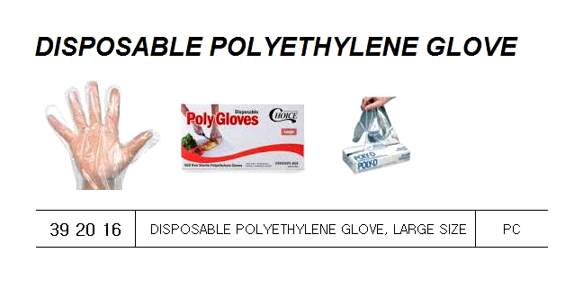 392016 DISPOSABLEPOLYETHYLENEGLOVE,LARGESIZE
