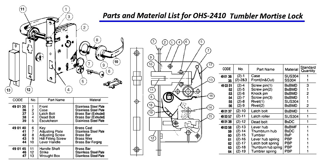 490144 PARTFORTUMBLERMORTISELOCK,OHS#2410,#10,LEVERHANDLE