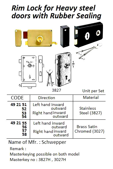 492151 RIMLOCKFORHEAVYSTEELDOORWITHRUBBERSEALING,ST.STEEL,LEFTHANDINWARD,3827