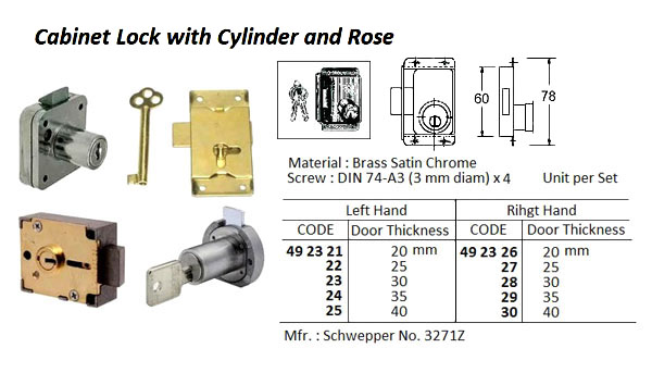 492322 CABINETLOCKSWITHCYLINDERANDROSE,LEFTHAND,FORDOORT=25MM