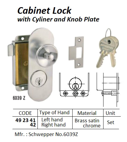 492342 CABINETLOCKSWITHCYLINDERANDKONBPLATE,BRASSSATINCHROME,RIGHTHAND