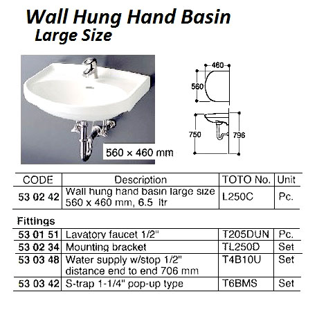 530242 WALLHUNGHANDBASIN,LARGESIZE,L240C
