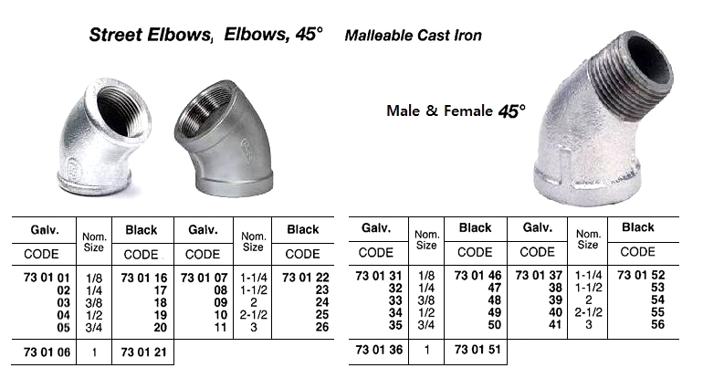 730141 STREETELBOW,SCREWED,MALE&FEMALE,MALLEABLECASTIRON,GALV,45DEG,3