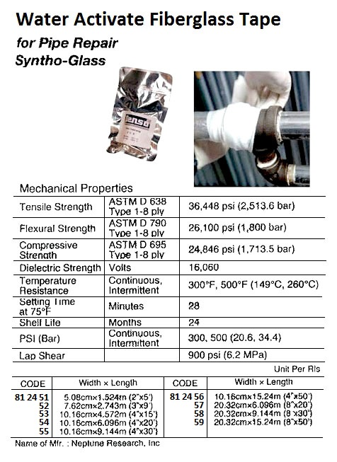 812455 WATERACTIVATEFIBERGLASSTAPE,10.16CMx9.144MTR(4"x30'),SYNTHO-GLASS,NEPTUNERESEARCHINC.