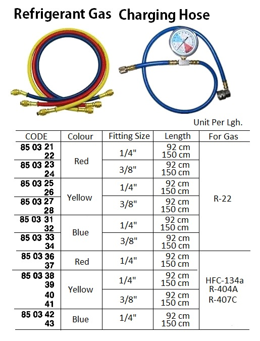850340 REFRIGERANTGASCHARGINGHOSE,YELLOW,3/8",92CM,FORHFC-134a,R-404A,R-407C