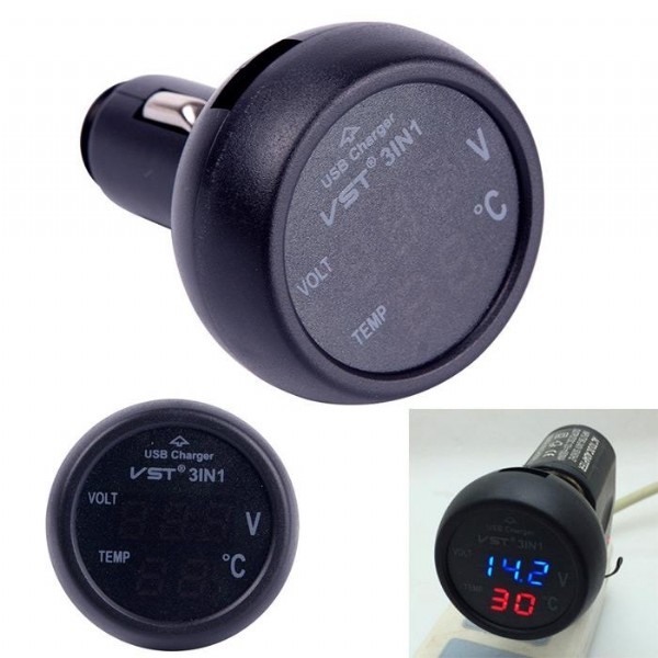 TFT Çakmak Soketli Voltmetre + Termometre + USB